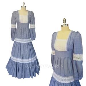 Gunne Sax Gingham Milkmaid Maxi Dress Size 11 S Navy Blue Prairie Tiered Lace